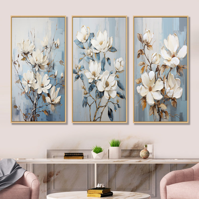 Minimalisme blanc et bleu Magnolias Florescence - Magnolias, ensemble de 3 impressions sur toile, Cadre flottant brun