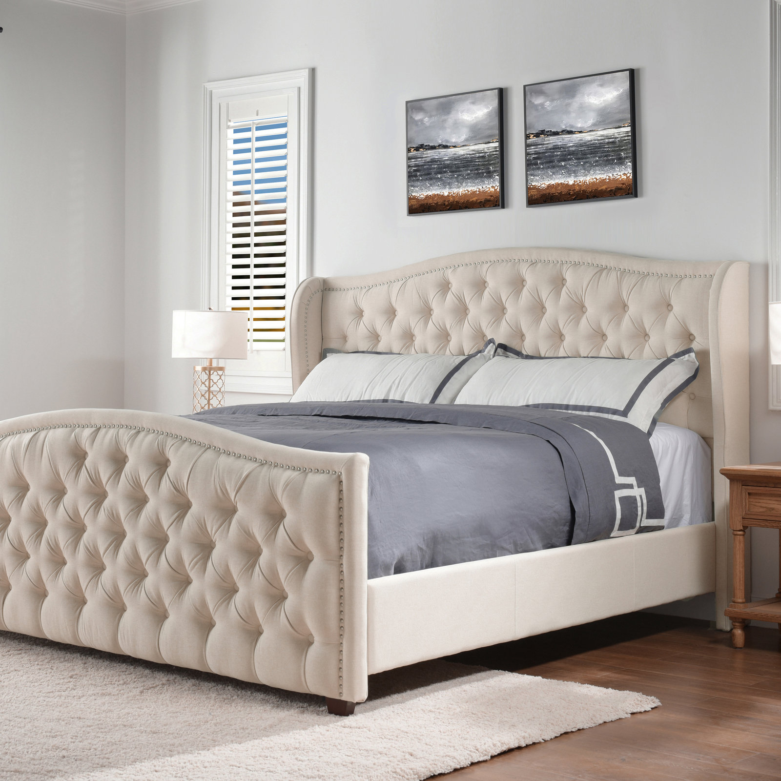 Coleman Upholstered Wingback Bed, King, Sky Neutral Beige Velvet