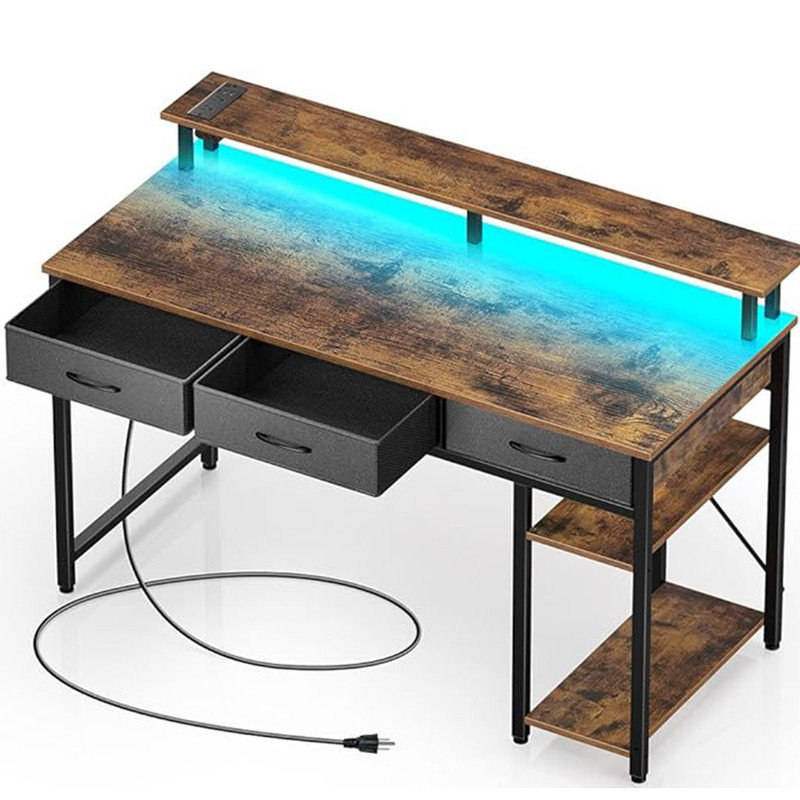 Computer Desk with Power Outlets & LED Light with 3 Drawers and Storage Shelves, Writing Desk with Monitor Stand, Rustic Brown