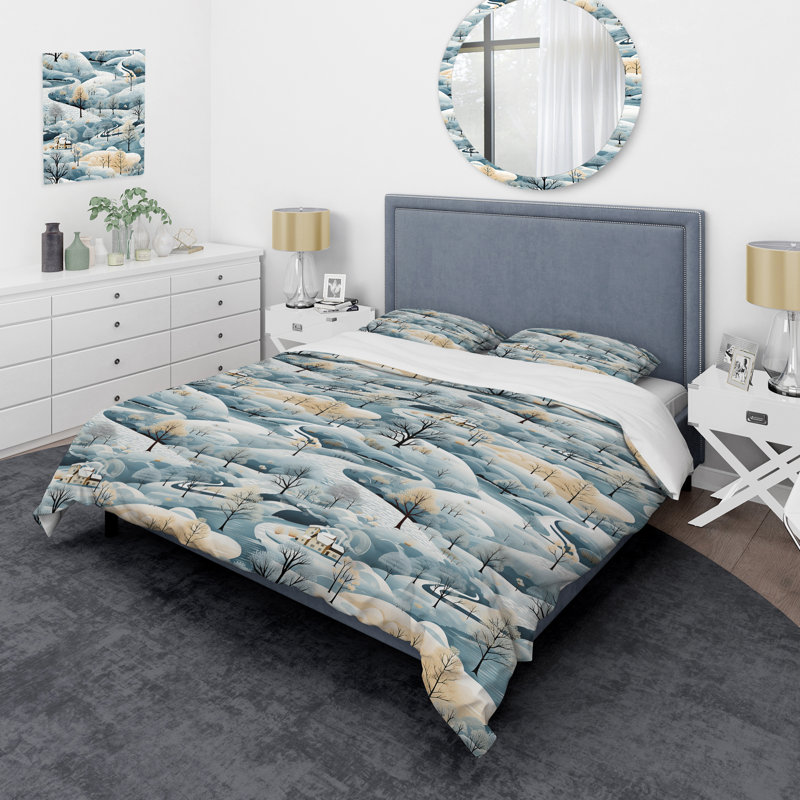 Literie scandinave Winter Landscape II, Housse de couette pour grand lit et 2 taies décor