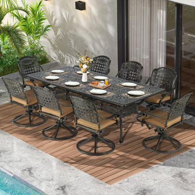 Meetwarm 9-Piece Outdoor Patio Dining Set, All Weather Cast Aluminum Patio Funiture Table And Chairs Set- 94.5" Rectangular Table And 8 Cushioned Swiv by Canora Grey