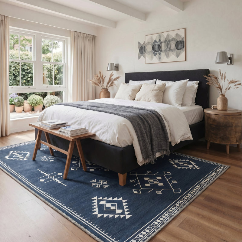 Tapis d'intérieur géométrique bleu / blanc Zephyr, Rectangle 120 " x 96 ", Blue,White