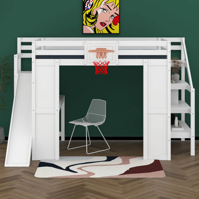 Full Size Loft Bed With Slide And Stairs, Loft Bed Frame With Built-In Desk, Basketball Hoop