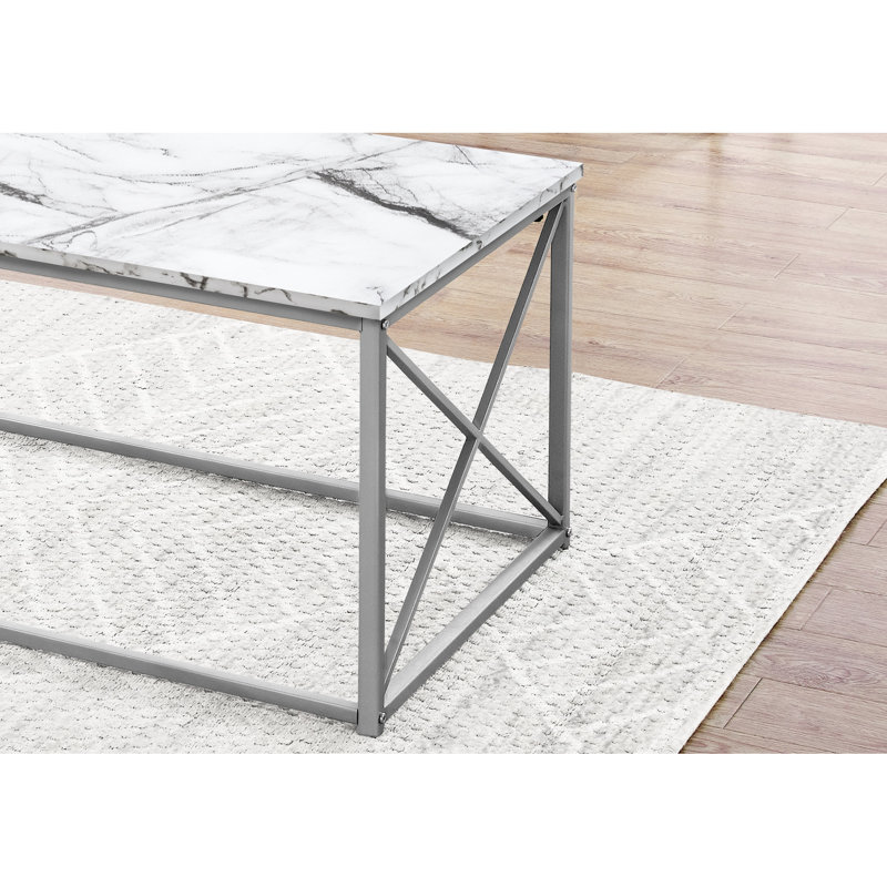 3 pièces pour table de salon - 2 tables de bout et 2 tables d'appoint, aspect marbre blanc, 3 pièces en métal gris, aspect marbre