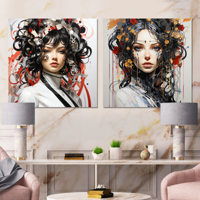 Digital Dreams Cybernetic Portrait de femme IV - Femme, impression d'art mural en métal, ensemble carré de 2