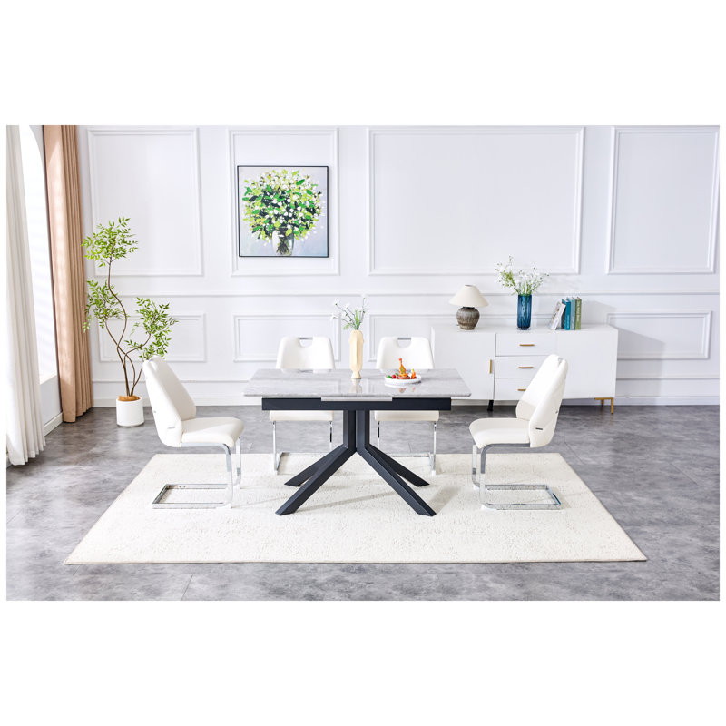 Ensemble de salle à manger contemporain 5 pièces avec table rectangulaire extensible et 4 chaises en similicuir, blanc