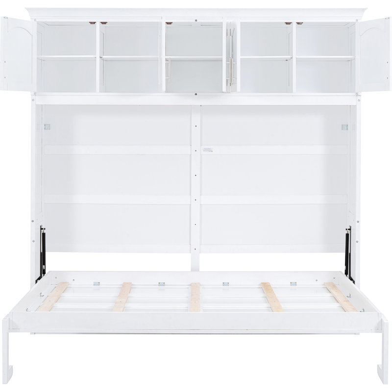 Grand lit blanc avec armoires - pliable pour optimiser l'espace au mur, permettant d'économiser des espaces polyvalents. Base de matelas confortable. Aucun sommier nécessaire. Fabriqué à partir de contreplaqué. Facile à assembler.