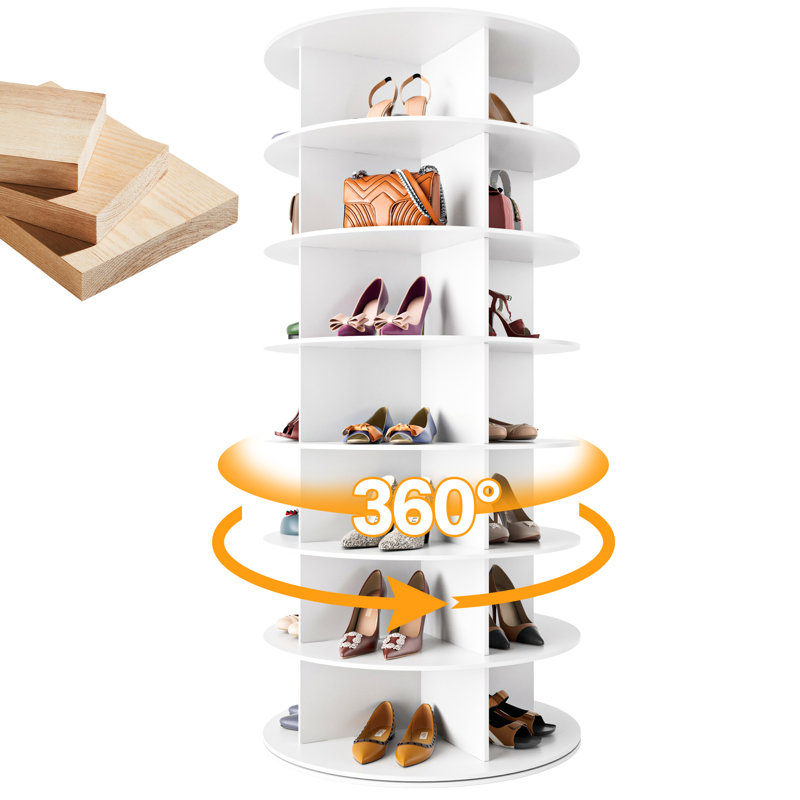Wood Rotating Shoe Rack Tower 7 Tier Organizer, Vertical Spinning Shoe Display Lazy Susan, Revolving 360 White Shoe Rack Storage