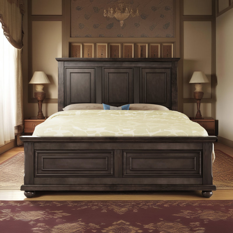 Lit rétro en bois de pin d'une largeur de 80,6 po, style traditionnel champêtre avec détails sculptés - cadre en bois massif, aucun sommier tapissier requis
