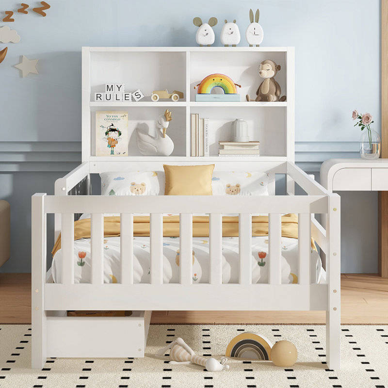 Lit avec rangement et tiroirs en bois, Simple, Blanc