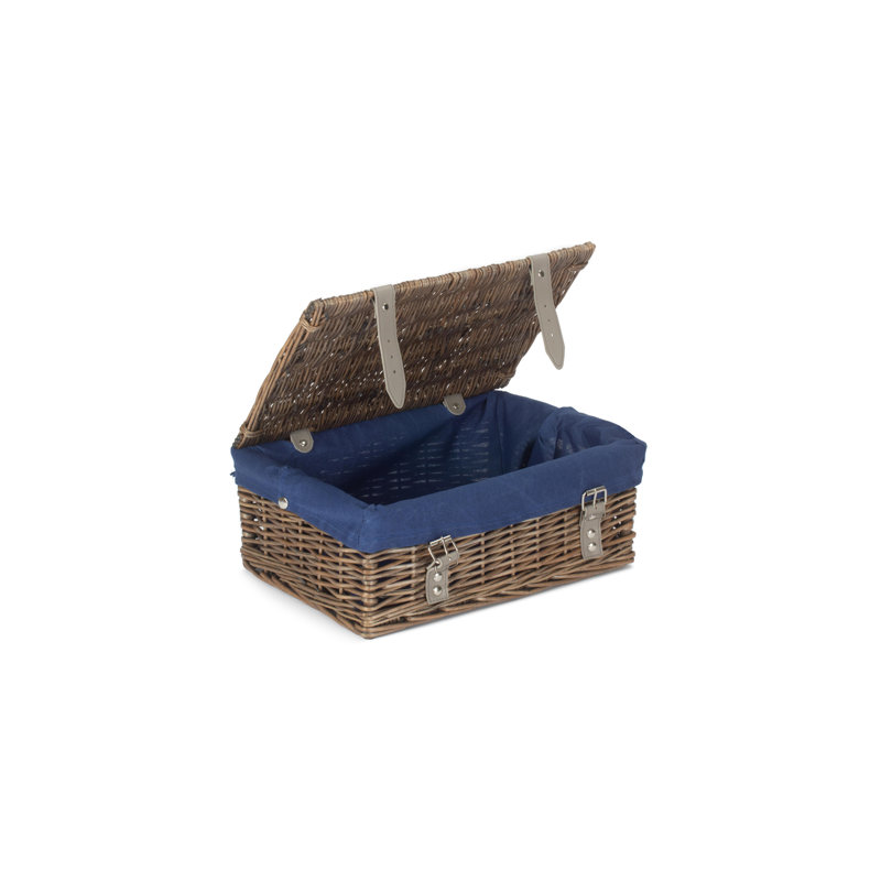 14 Inch Empty Wicker Hamper Basket - with Lining, Antique Wash/Navy Blue