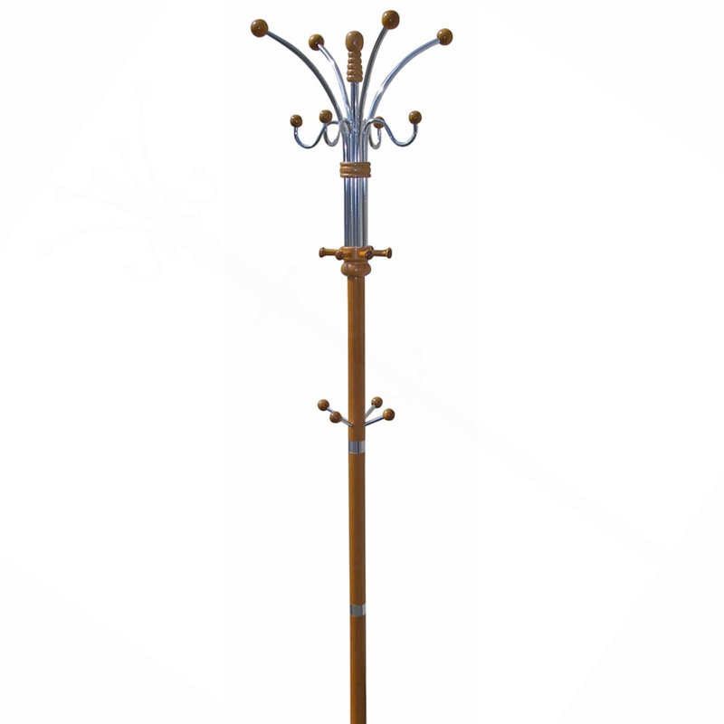 73" Tall Chrome And Wood Coat Rack, Oak Finish, Oak