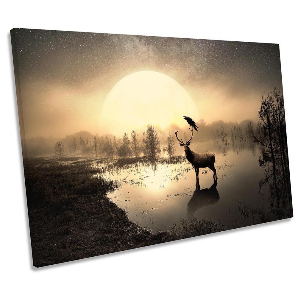 Stag Deer Bird Sunset - Wrapped Canvas Print