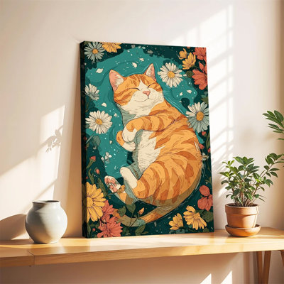 Chat tigré orange endormi flottant dans une eau fleurie - Illustration rétro - Grande toile tendue sur châssis - Impression d'art mural pour salon ou chambre