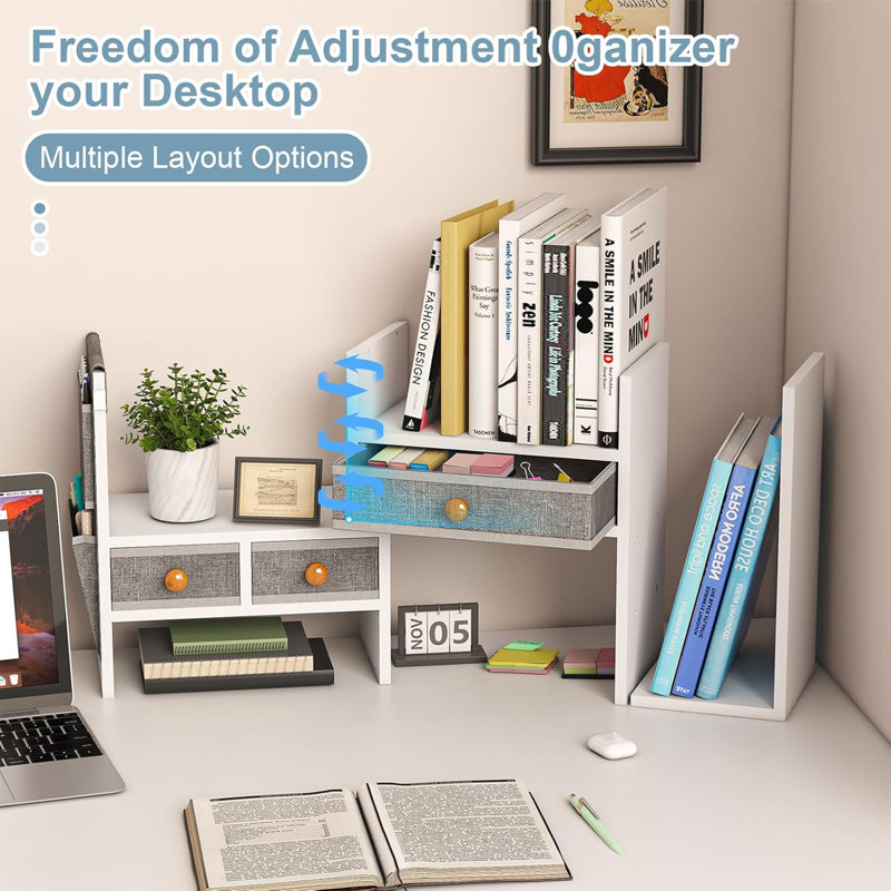 Adjustable 3-drawer desktop bookshelf with linen clip holder—eco-friendly MDF desk organizer for office supplies, books, and decor.
