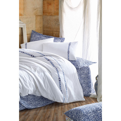 Ensemble de housse de couette luxueuse Ranforce, bleu et blanc | 100% coton AKFIL, housse de couette 78,7 po x 86,6 po, drap plat 94,5 po x 102,4 po | 2 taies d'oreiller et 2 taies d'oreiller Oxford | Lavable à la machine, conception élégante, 145 fils au pouce carré
