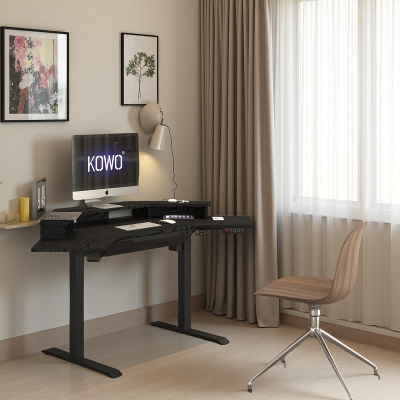 Bureau de coin électrique à hauteur ajustable avec huche et tiroir K314, Noir, noir, noir, noir