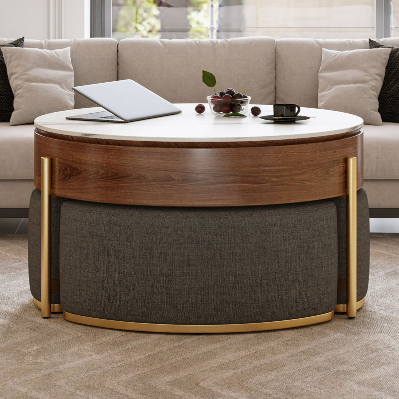 Table basse moderne à plateau relevable avec rangement caché, plateau en placage et en pierre frittée, 3 repose-pieds gigognes rembourrés, conception peu encombrante