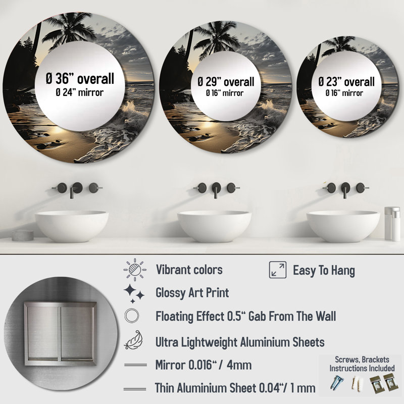Beach Photo Tropical Escape IV - miroir de plage, miroir mural rond décoratif, impression sur métal, 29 po x 29 po