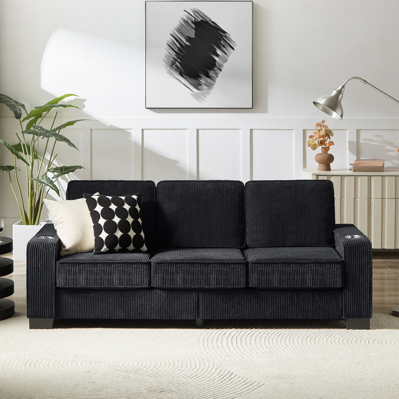 Canapé 84 po en tissu velours côtelé 3 places moderne 84 po, Polyester noir