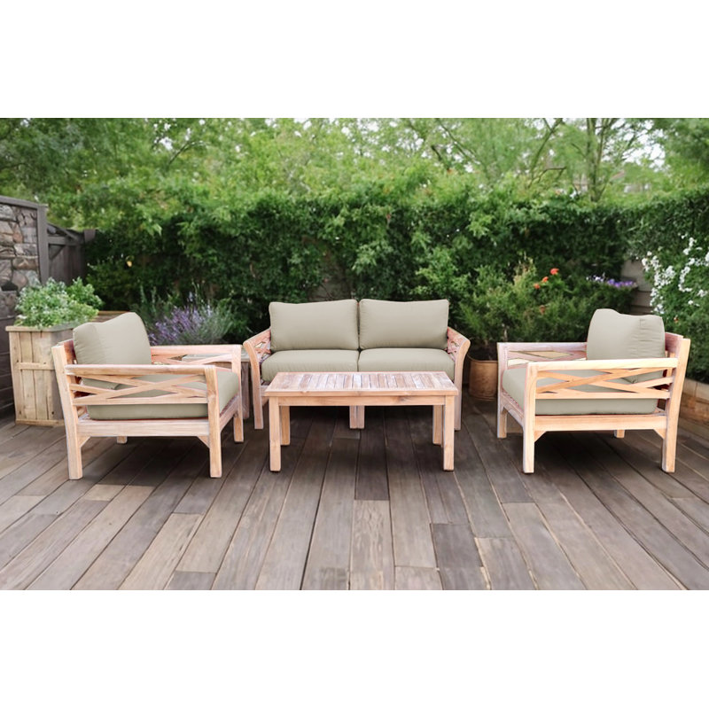 Monterey Outdoor Teak Conversation Set, 4 Pcs:  Loveseat,Chair,Cushion,Table, Antique Beige