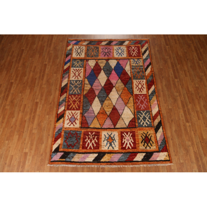 Tapis brun en laine noué à la main de conception unique 6 pi 8 po x 9 pi 10 po New Age