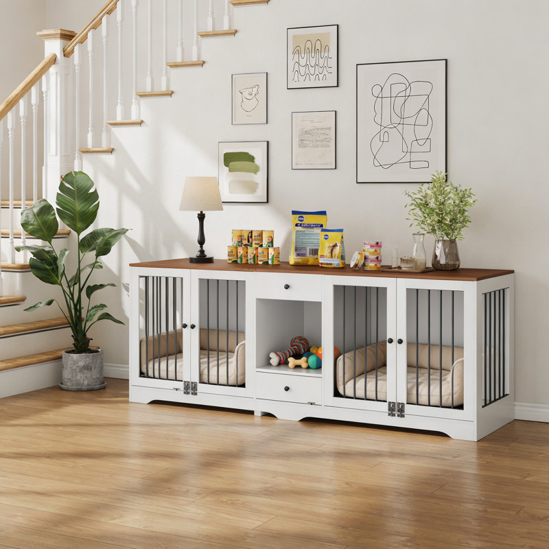 Meuble de rangement pour chien moderne pour 2 grands chiens 83 - chenil intérieur avec 4 portes et 2 tiroirs Modern, Blanc