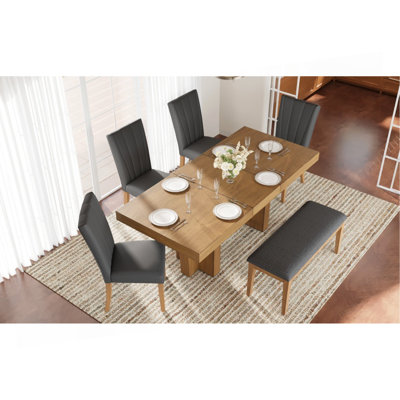 Ensemble de table de salle à manger en bois extensible 78,1 pouces pour 6 personnes, ensemble de table de cuisine avec banc et 4 chaises rembourrées, plateau de table épais de 3,8 pouces et pieds en tréteaux pour la cuisine, la salle à manger, brun et gris