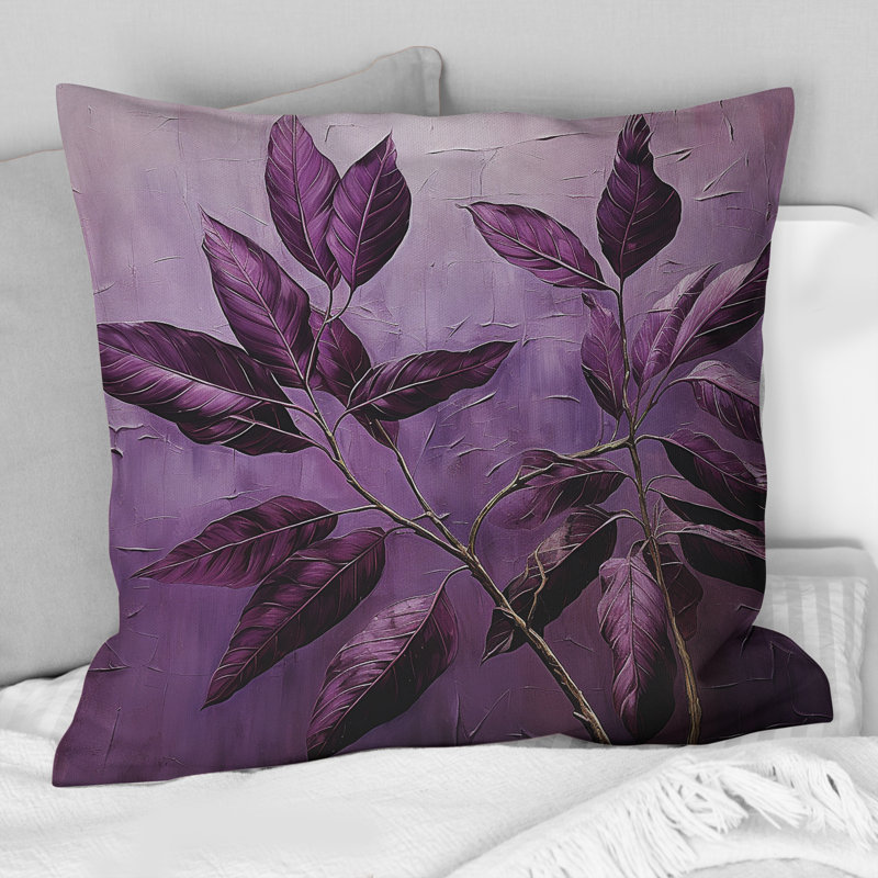 Coussin décoratif à motif de feuilles mauves et prune mauve, Square 18"