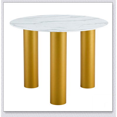 Table de salle à manger ronde blanche, autocollants en verre de marbre artificiel, pieds en bois aggloméré doré, table de salle à manger de cuisine