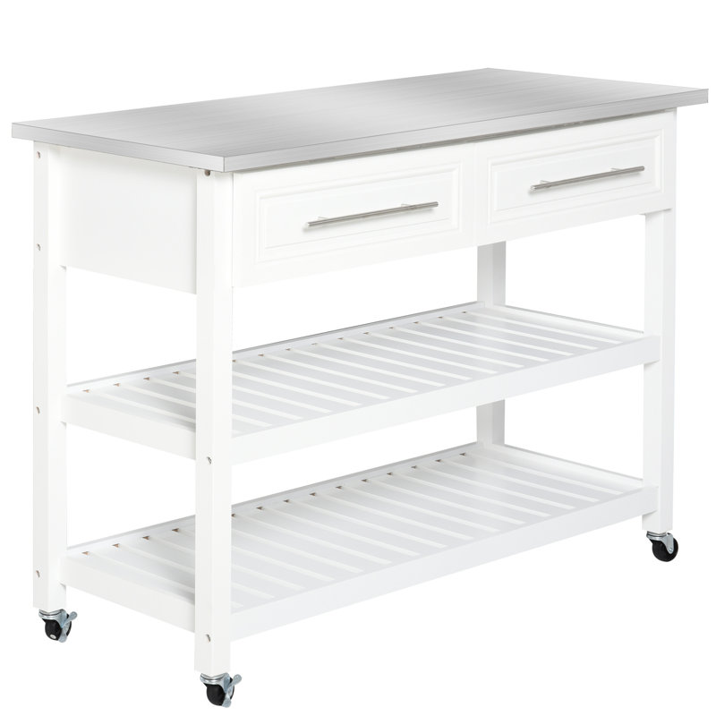 Kitchen Island with Stainless Steel Top, Open Shelves, Drawers, Gray