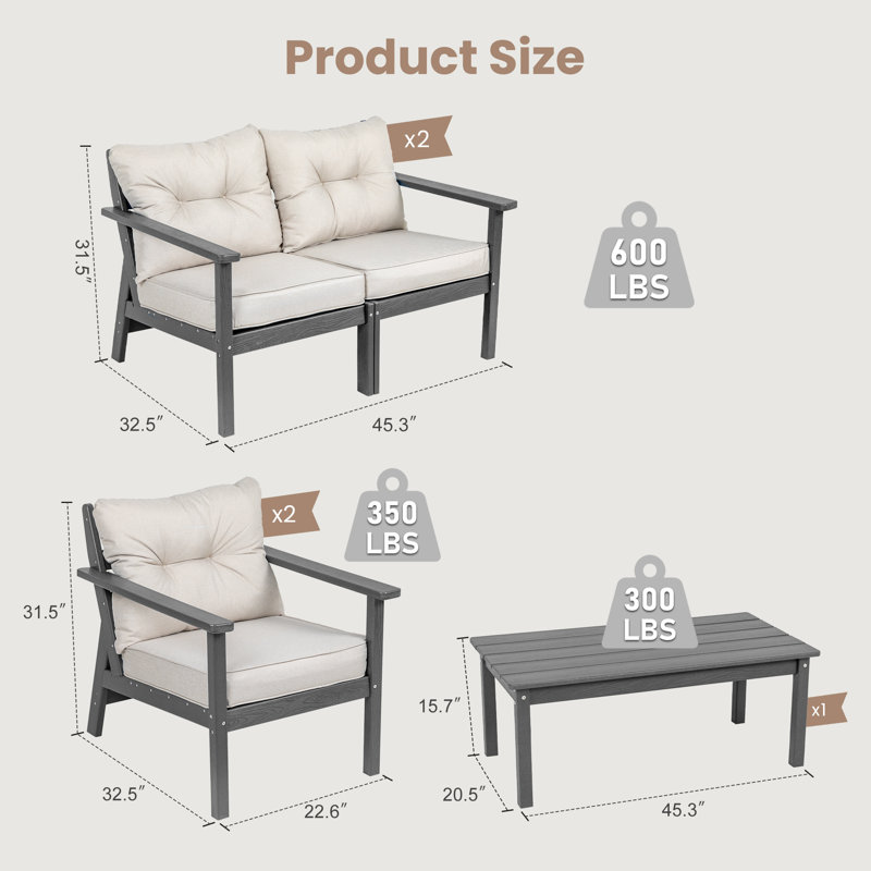 Ensemble de conversation d'extérieur en PEHD pour 6 personnes avec coussins, 5 pièces: table, 2 causeuses, 2 chaises, Gris
