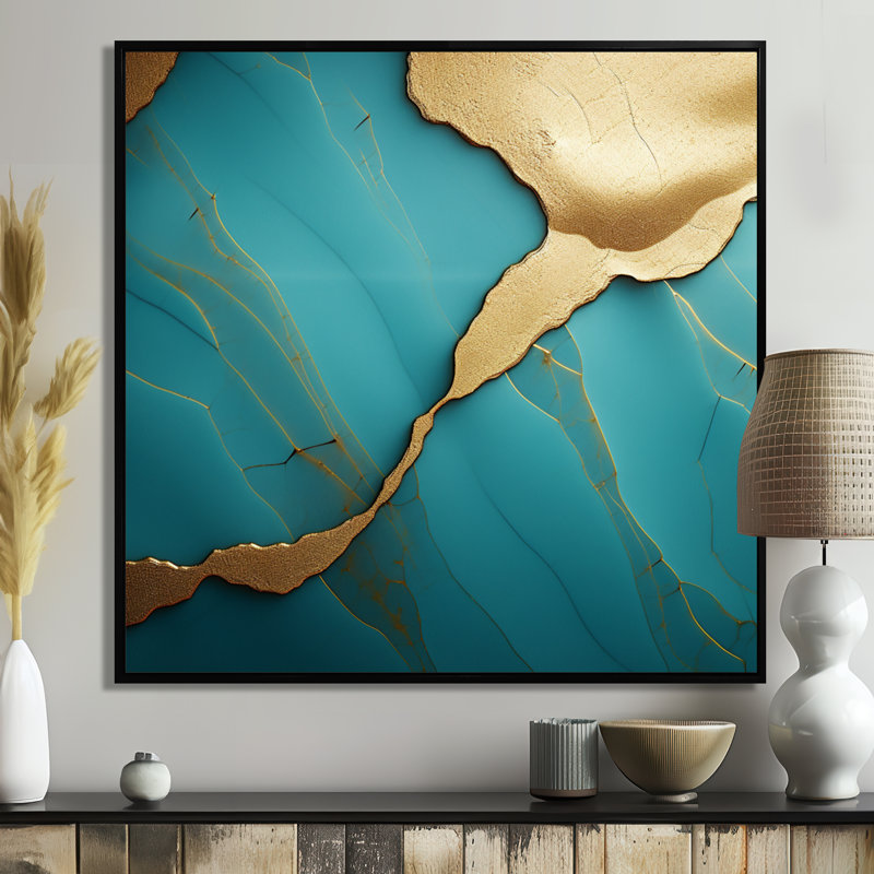 Touche d'art sur agate turquoise - marbre, Toile avec cadre flottant noir, H 36 po x l 36 po x P 1,5 po