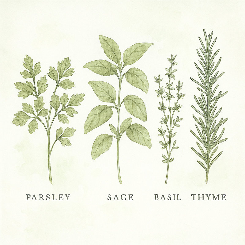 Persil, sauge, basilic thym - art botanique sur toile de cuisine botanique