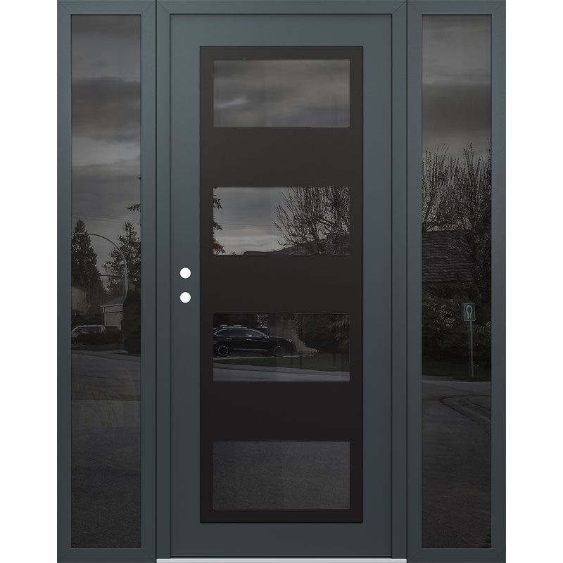 Panneau d'entrée en acier noir anthracite / anthracite avec 2 panneaux latéraux pré-suspendus, L 68 po x H 80 po, Miroitant