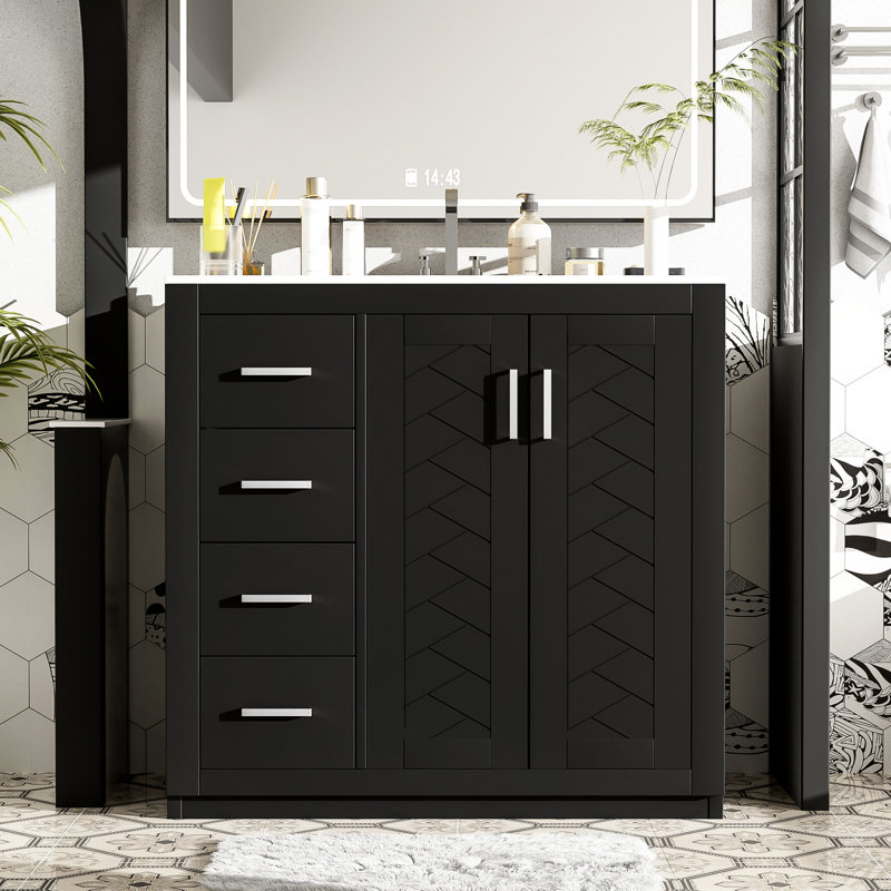 Meuble-lavabo de 36 po avec lavabo en céramique, armoire à cadre en bois massif, portes, planches, grand espace de rangement pour les articles de toilette et les nécessités, design rétro, poignées exquises, fonctionnement en douceur des tiroirs, décor moderne