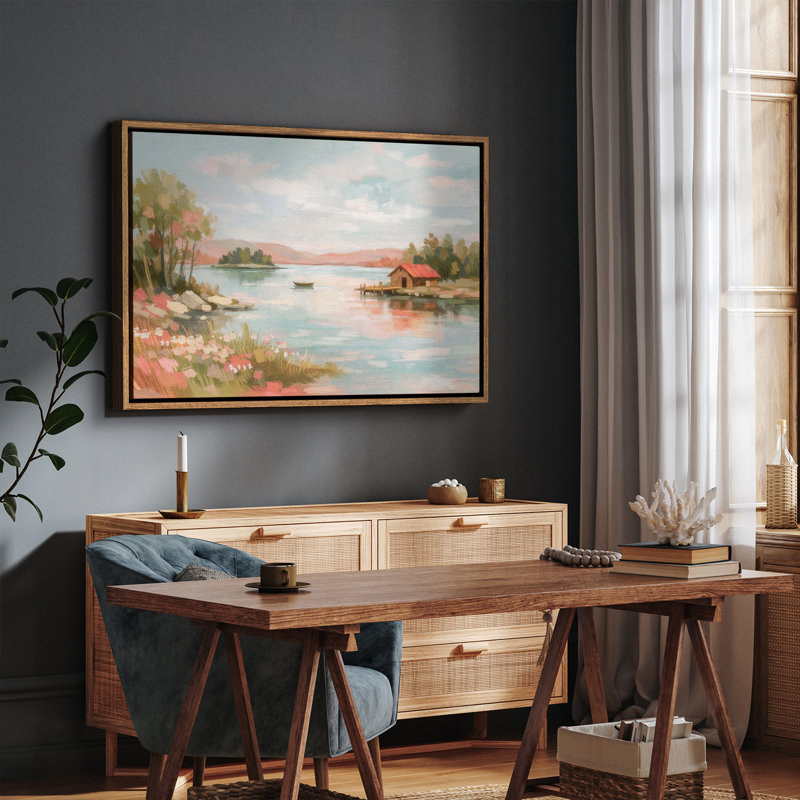 «Peaceful Lakeside Cottage with Boat Landscape», impression encadrée, H 16 po x l 24 po, Naturel