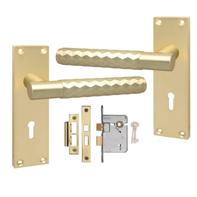 Golden Grace Victorian Design Knurled Diamond Cut Lock Handle on Backplate Satin Brass Finish with 3 Lever Lock - 150mm x 40mm