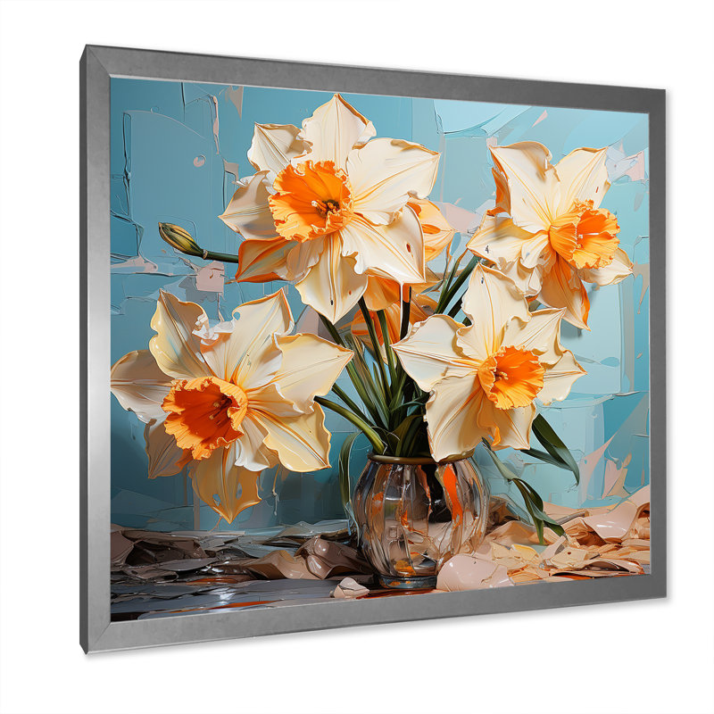 Jonquilles fleuries avec un pinceau féroce, Cadre simple argenté, H 30 po x l 30 po x P 1 po