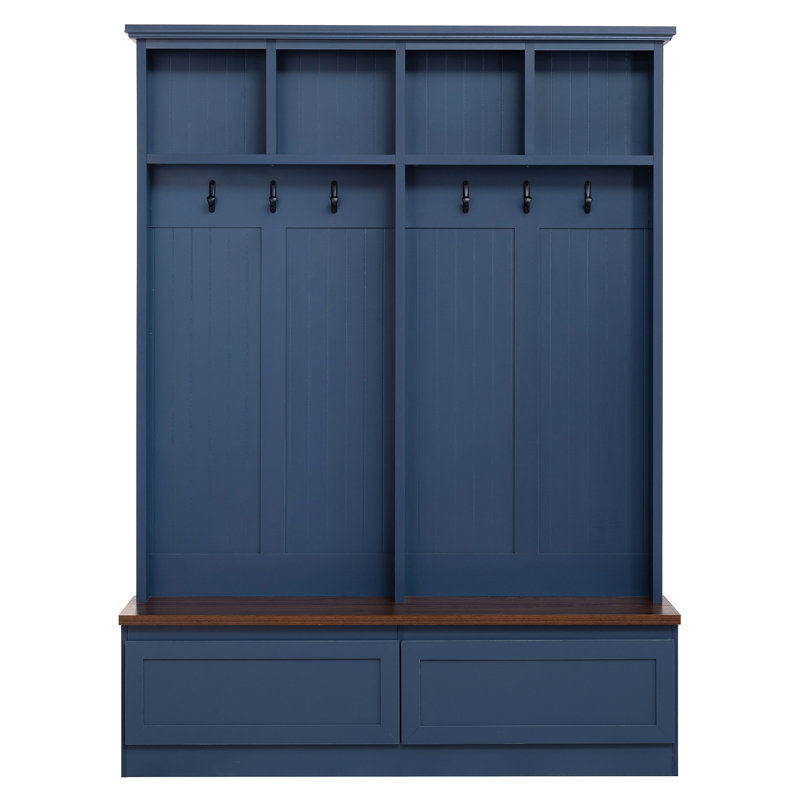 Farmhouse 4-in-1 Hall Tree with Wood Grain Bench, Mudroom Versatile Coat Rack with 2 Large Drawer, Blue