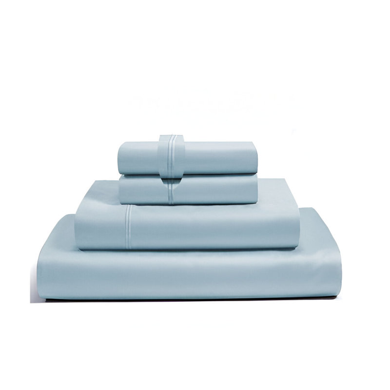 400TC Luxurious Double Embroidery Sateen Solid Cotton 4 Piece Sheet Set Fitted Sheet Fits Upto 16" Deep Pocket, Light Blue