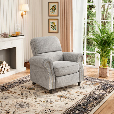 Bustle-Back Pushback Recliner Chair with Nailhead Trim in Chenille