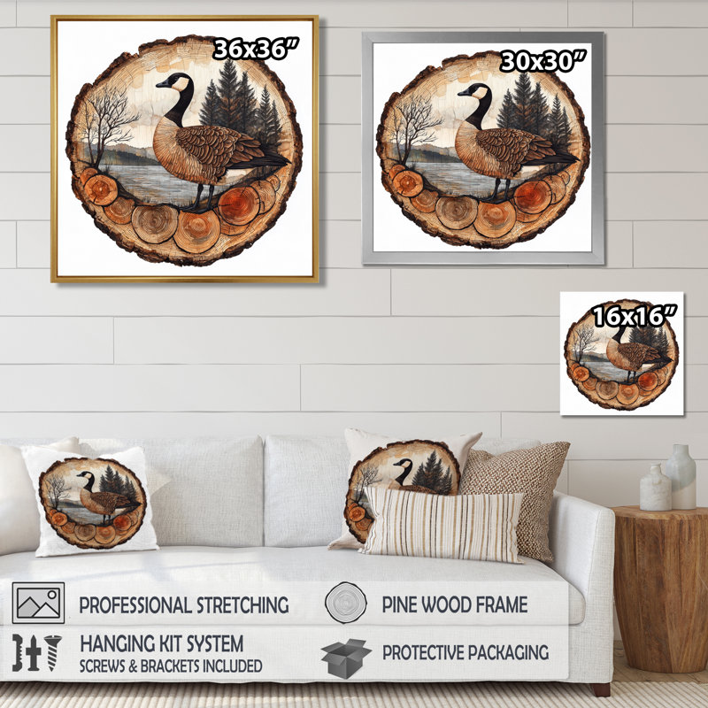«Grazeose Autumn Canadian Goose By The Wooden Lake III», art mural sur toile, Impression encadrée flottante, Argent argent