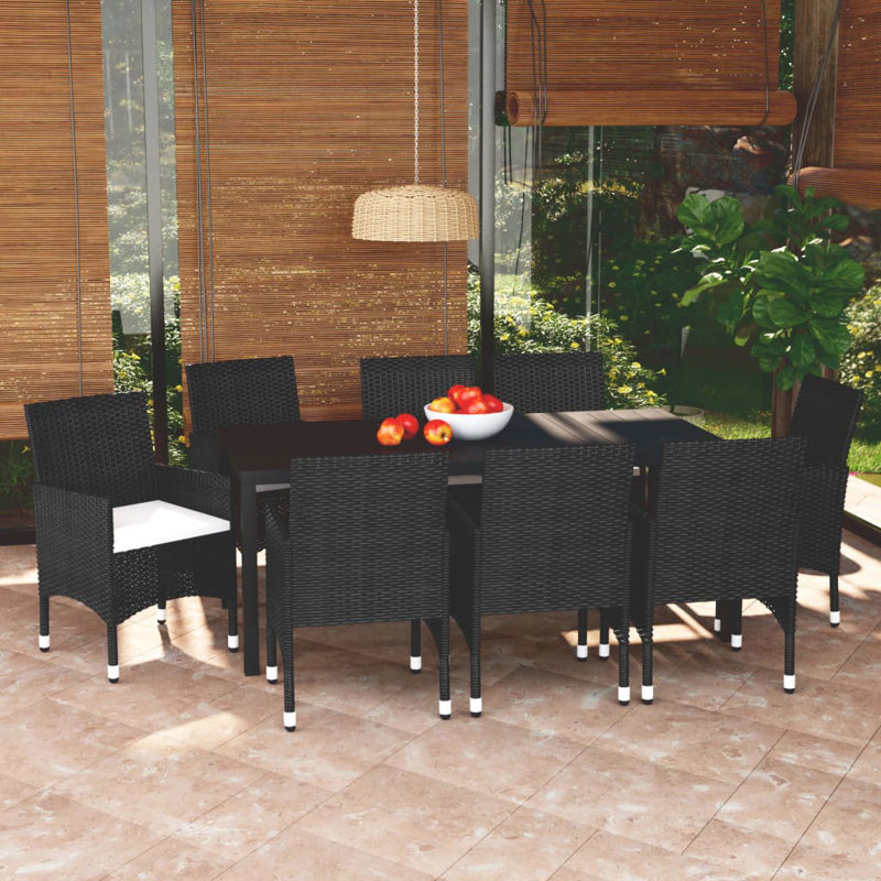  Ensemble de salle à manger en rotin de poly noir, acier, WPC, aluminium, polyester, Blanc, crème, Noir
