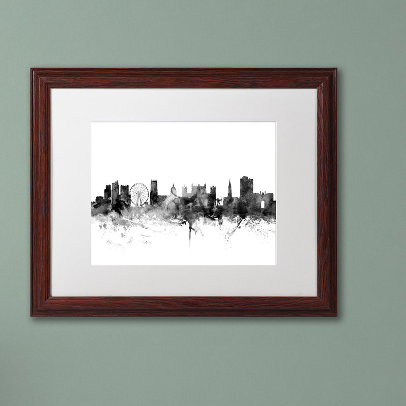 «Nottingham England Skyline B&W», impression encadrée, H 11 po x l 14 po x P 0,5 po, Cadre brun, Blanc