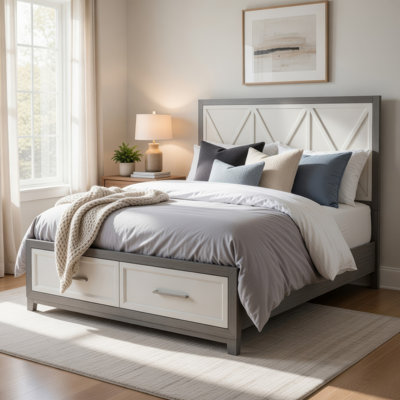 Grand lit Owan, rangement de pied de lit à 2 tiroirs, panneau moderne gris et ivoire