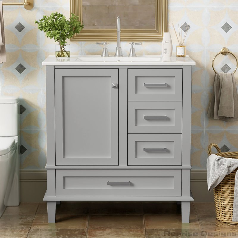 Meuble-lavabo moderne 30 po avec lavabo, porte à fermeture douce et 3 tiroirs, Gris