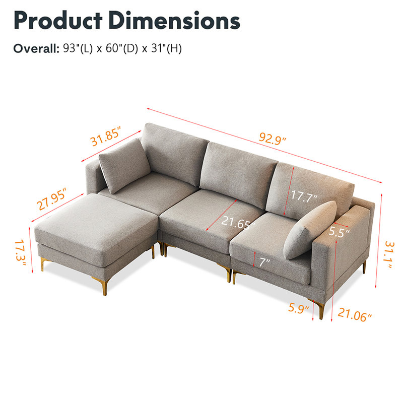 Raylean 93" L-Shaped Modular Combination Sectional Sofa with Ottoman, Gray Polyester