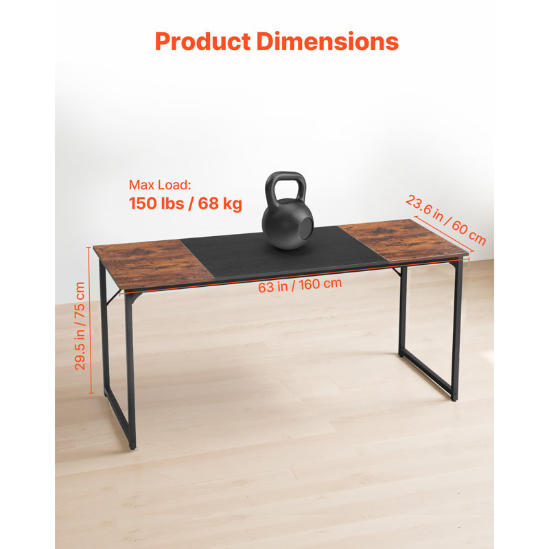 Bureau d'ordinateur, bureau de jeu de 63 pouces pour le bureau personnel, bureau d'écriture simple avec cadre en métal pour grand espace pour les jambes, brun rustique et noir