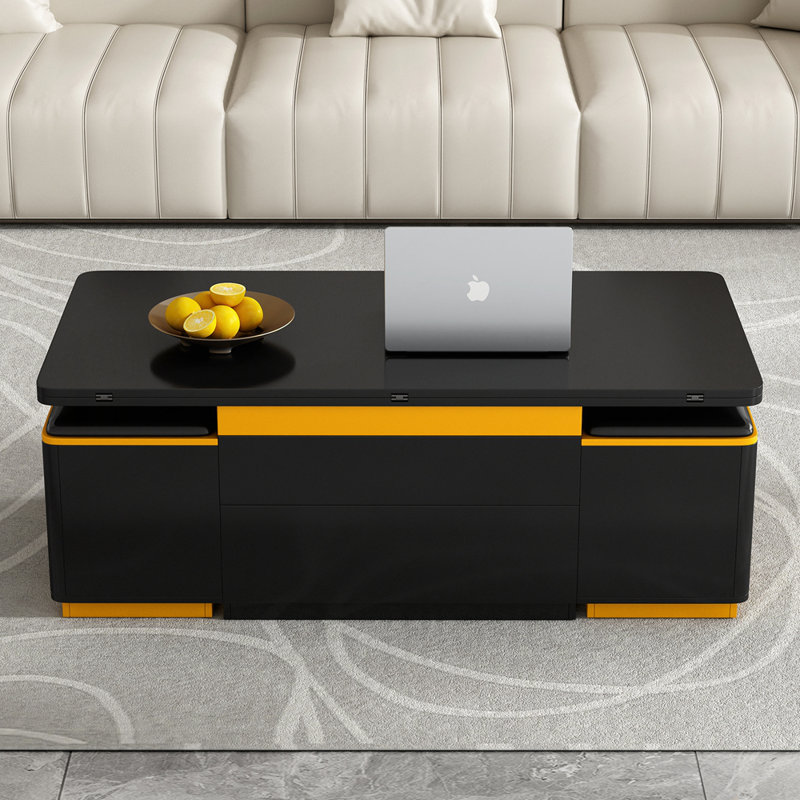 Table basse relevable avec 4 tabourets de rangement pour le salon, Noir